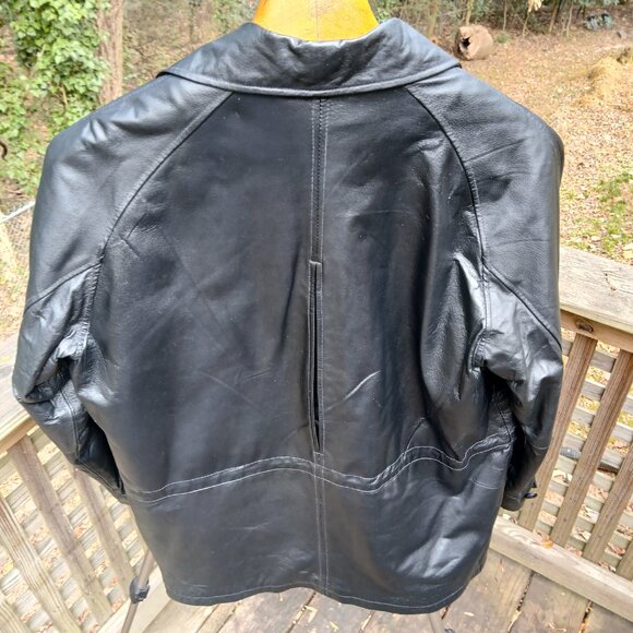 Vintage 90's Black Leather Warm Double Lined Car Coat Many Pockets & Details SzL - Picture 12 of 16